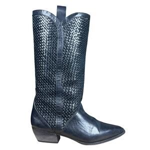 Vintage Sesto Meucci Black Woven Leather Italian Cowgirl Boots Size 8.5